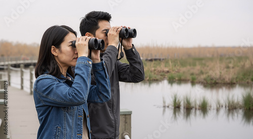 couple birdwatching with binoculars at serene nature reserve on a cloudy day