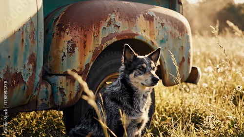 dog breed queensland heeler | A playful dog sits beside a vintage truck, surrounded by tall grass and soft sunlight, capturing a serene moment in nature