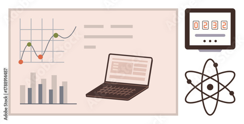 Laptop with displayed data, line graph, bar chart, counter display, atomic structure. Ideal for analytics, research, science technology innovation education progress. Simple flat metaphor