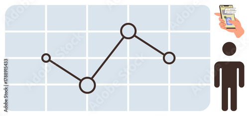 Line chart with connected data points over grid, hand holding smartphone with profile, and user icon. Ideal for analytics, business, technology, communication, progress, user research or networking