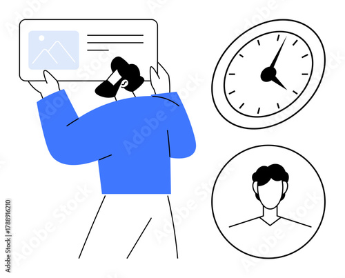 Person holding an image card, clock showing time, and profile icon emphasizing deadlines, design process, project management, user interface, productivity, collaboration time management. Simple flat