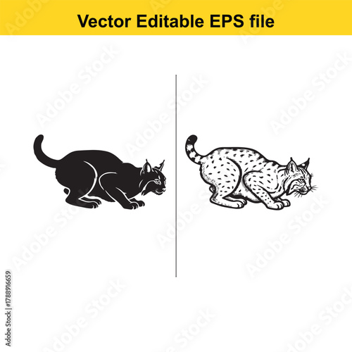 Black silhouette and line art drawing of a lynx in a crouching pose