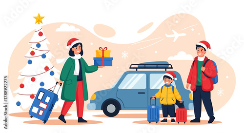 Family Christmas Trip - Holiday Travel with Gifts and Luggage.