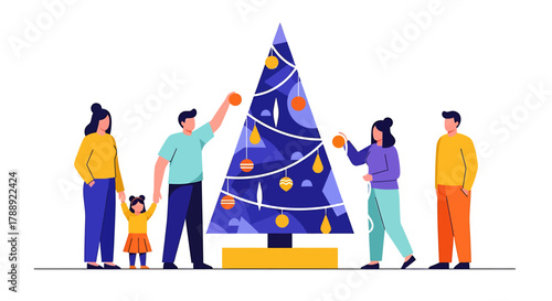 Family Decorating Christmas Tree Together in Festive Celebration.
