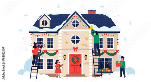 Family Decorating House for Christmas with Lights and Garland.