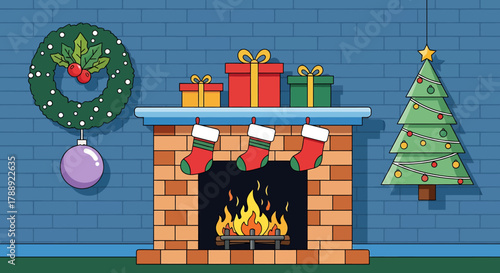 Festive Christmas Fireplace Scene with Decorations and Gifts.