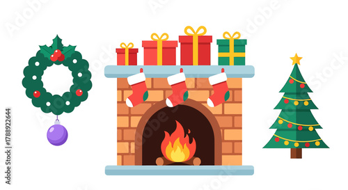 Festive Christmas Decorations - Wreath, Fireplace, and Tree.