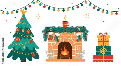 Festive Christmas Scene with Tree, Fireplace, and Gifts.