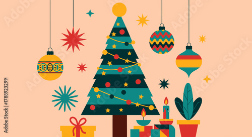 Festive Christmas Tree and Ornament Decorations for Holiday Celebration.