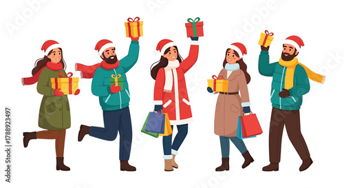 Festive shoppers with gifts celebrating the holiday season.
