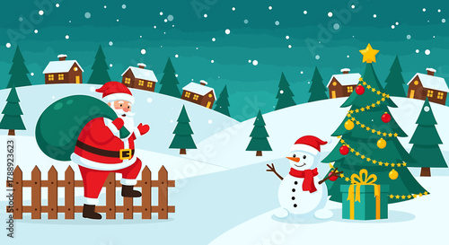 Santa Claus Delivering Gifts on Christmas Eve with Snowman.