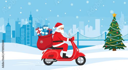 Santa Claus Delivering Gifts on a Scooter in a Snowy City.