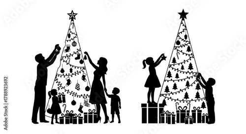 Silhouettes of families decorating Christmas trees with gifts.
