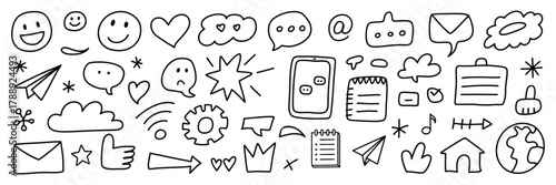 Hand drawn doodle icons set for communication and social media