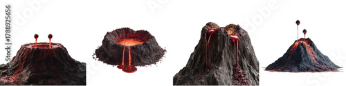 Dynamic volcano eruption collection showing molten lava flow and geothermal activity, perfect for earth science education, geology studies, and environmental awareness campaigns