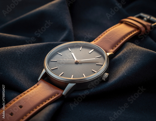 Wallpaper Mural Minimalist wristwatch on dark fabric background - luxury timepiece with leather strap photography Torontodigital.ca