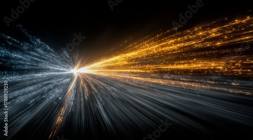 Fototapeta Naklejka Na Ścianę i Meble -  Bright orange and blue light is shooting out from a black background. The light is surrounded by a lot of small