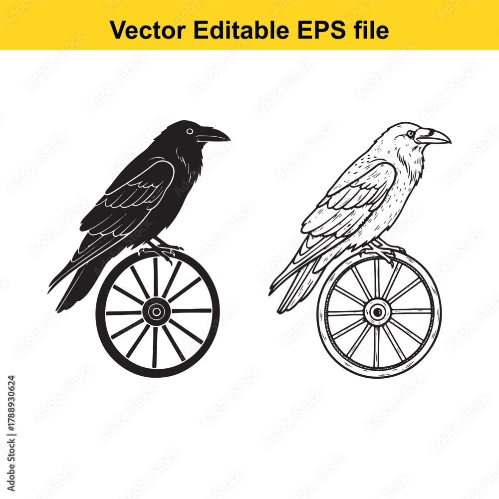 Obraz premium Two crows, one detailed drawing and one silhouette, perched on a wheel