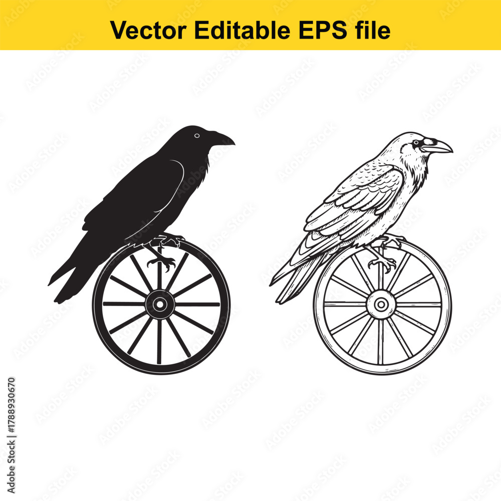 Naklejka premium Two crows, one detailed drawing and one silhouette, perched on a wheel