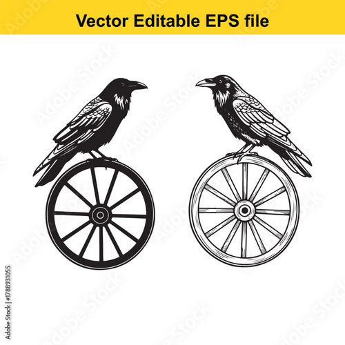 Two black crows perched on vintage wagon wheels