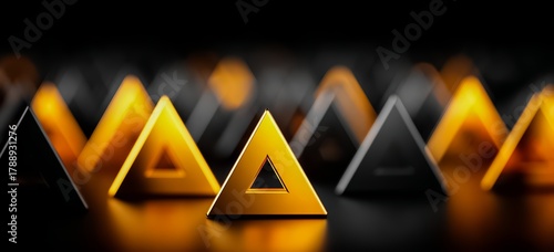 Row of triangles and squares are arranged in a pattern. The triangles are yellow and the squares are black