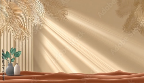 Beach scene with palm trees and a vase of flowers. The vase is placed on a table