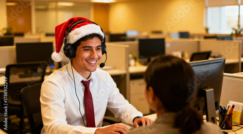 Friendly male call center agent wearing a santa hat and headset smiling while assisting a client in a modern corporate office setting during the busy christmas holiday season.