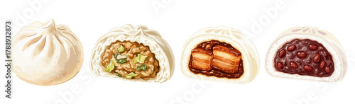 水彩の中華まん（肉まん・角煮まん・あんまん）イラストセット,点心,冬の食べ物,手描き,ベクター
