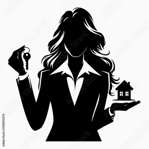 A black and white illustration of a silhouette of a female real estate agent holding keys in one hand and a mock-up of a house in the other hand. Vector graphics. EPS.