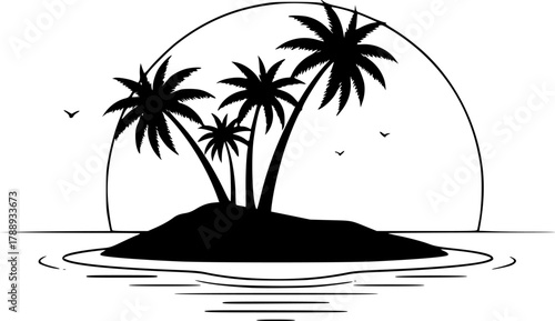 tropical island silhouette line art vector illustration with a white background
