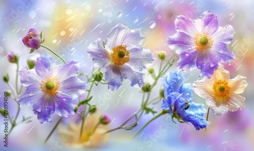 Floral beauty delicate flowers with soft colors and gentle rain effect