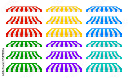 Colorful Shop Canopy. Collection of decorative striped Awning. Set of cafe canopy, market shop, store sunshade awning. Vector illustration.