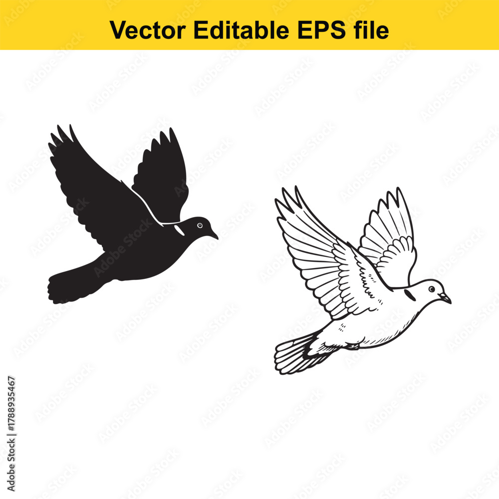 Obraz premium Two doves flying, one black silhouette and one white line drawing