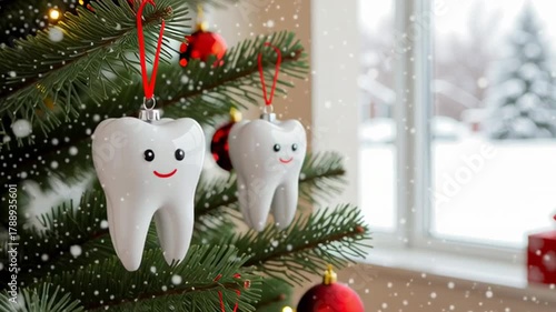 Cute tooth ornaments on Christmas tree. Dental holiday greeting with falling snow. Oral hygiene concept for winter season. Dental clinic, pediatric dentistry