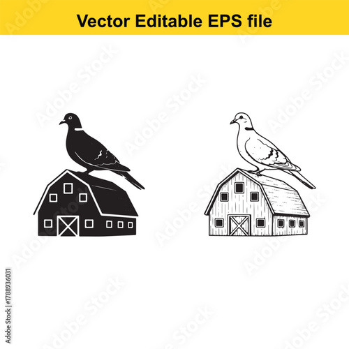 Two stylized barn illustrations, one solid black silhouette and one line art, each featuring a bird perched on top