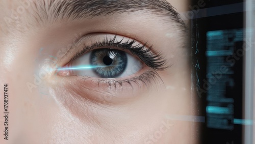 Close up of a human eye with a blue laser scanning it for identification.