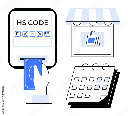 Hand inserting money into machine with HS code display, store window with shopping bag, and calendar on desk. Ideal for e-commerce, trade, retail, importexport, shipping finance planning. Simple