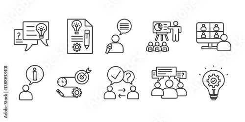 meeting icon set collection in outline style. Icon pack contain meeting, topics, proposal, moderator presentation, video conference, inform, plan, communication, Discussion,solutions,