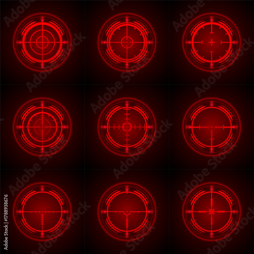 Futuristic red rifle scope. Scope for take aim. Crosshair or sight icons. Aiming to bullseye signs. Sniper aim. Vector illustration.
