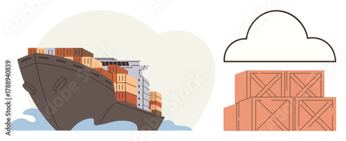 Cargo ship loaded with shipping containers sailing on water alongside wooden crates and cloud outline. Ideal for freight, logistics, trade, supply chain, export, import, e-commerce, simple flat