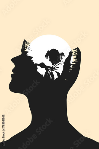 Surreal illustration of a person painting inside a human head, symbolizing imagination, creativity, and the dreamlike process of shaping thoughts and inner reality through art.