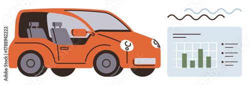 Orange car facing a bar chart displaying performance data. Ideal for analytics, automotive business, efficiency, innovation, presentation, reporting, simple flat metaphor