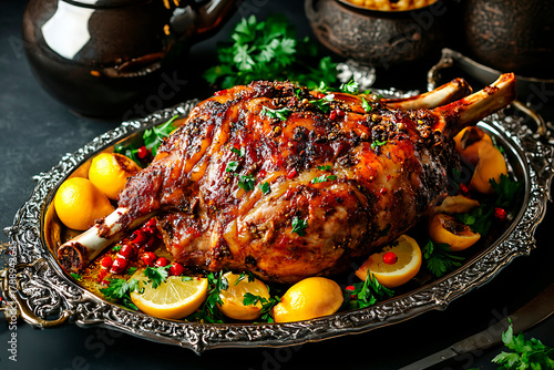 Juicy whole roasted lamb leg presenting traditional Moroccan mechoui with fresh lemon, parsley, and pomegranate seeds