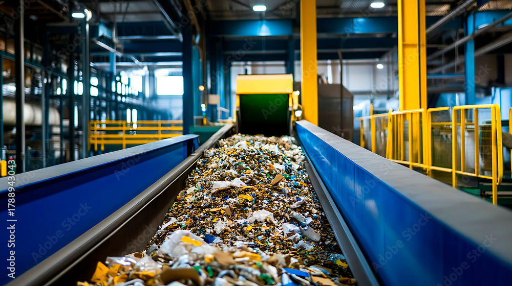 Fototapeta premium Mixed plastic, paper, and metal waste moving along a conveyor belt at a modern recycling and sorting facility