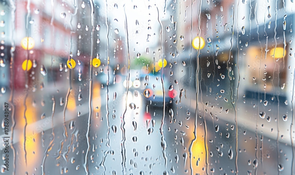 Obraz premium Rain drops on glass window with blurred urban street background