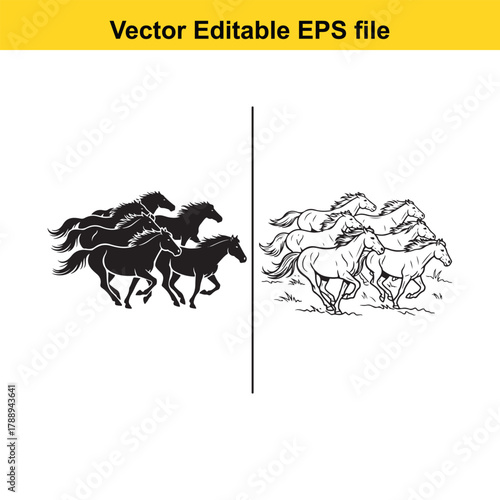 A herd of horses running in silhouette and line art on a