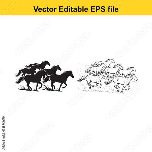 A herd of horses running in silhouette and line art on a