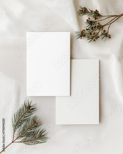 White blank card mockup with pine branches on textile background offering copy space for stationery design or greeting message