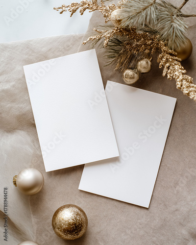 Blank vertical card mockups on neutral background with festive gold ornaments and fir branch creating holiday design template