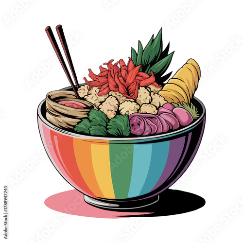 Vibrant rainbow colored bowl filled with delicious colorful food and chopsticks isolated on white background